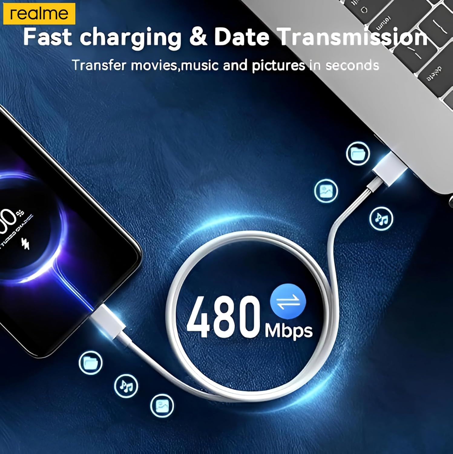 realme Type-C VOOC Cable 1m (White) | Fast Charging Support | High-Speed Data Transfer | Works OPPO/VOOC & USB-C Phones | Robust Build | Secure Fit | Seamless Device Sync