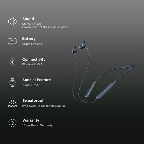 boAt Rockerz 200 In Ear Wireless Neckband with 60 hours Playback Time, 10 mm boAt Signature Sound Drivers and IPX5 Rating (Blue)